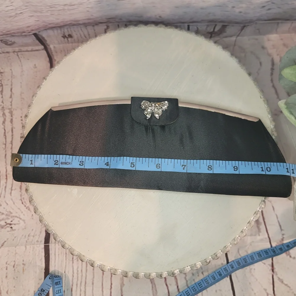 TOVA Beverly Hills Elegant Black Statin Clutch with Butterfly Accent 11